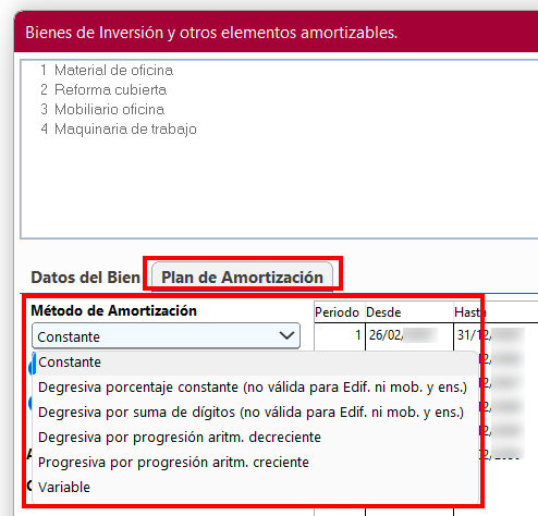Ventana Bienes de inversión y otros elementos amortizables en ClassicConta 7.